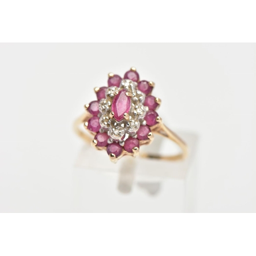 144 - A 9CT GOLD RUBY AND DIAMOND CLUSTER RING, slightly raised cluster of a navette shape, set with a cen... 