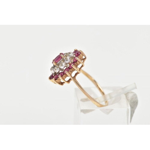 144 - A 9CT GOLD RUBY AND DIAMOND CLUSTER RING, slightly raised cluster of a navette shape, set with a cen... 