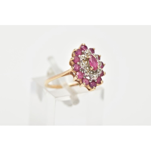 144 - A 9CT GOLD RUBY AND DIAMOND CLUSTER RING, slightly raised cluster of a navette shape, set with a cen... 