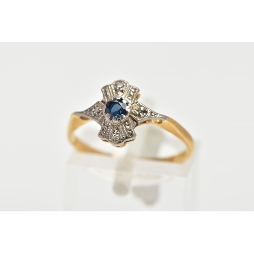 147 - A 18CT GOLD SAPPHIRE AND DIAMOND RING, a circular cut blue sapphire set in an art deco style white g... 