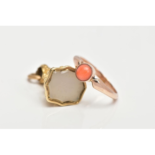 149 - A CORAL RING AND INTAGLIO FOB, a round cabochon coral stone milgrain set in a rose metal mount, lead... 