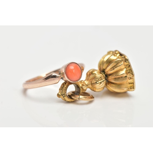 149 - A CORAL RING AND INTAGLIO FOB, a round cabochon coral stone milgrain set in a rose metal mount, lead... 