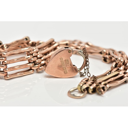 15 - A 9CT ROSE GOLD GATE BRACELET,  a four row rose gold gate bracelet (solder marks to some of the link... 