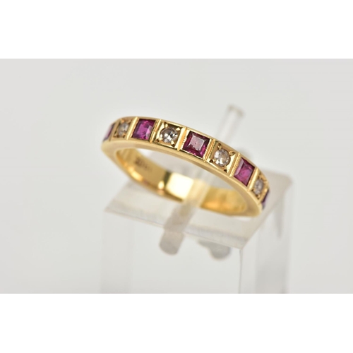 155 - A DIAMOND AND RUBY HALF ETERNITY RING, five square cut rubies and four round brilliant cut diamonds ... 