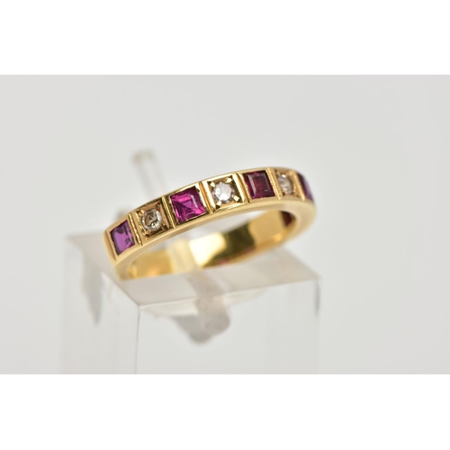 155 - A DIAMOND AND RUBY HALF ETERNITY RING, five square cut rubies and four round brilliant cut diamonds ... 