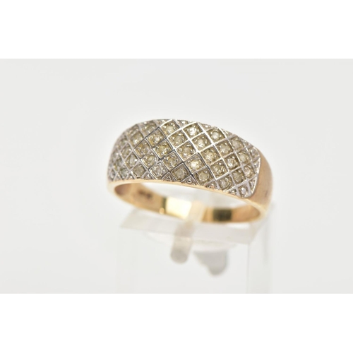 159 - A 9CT GOLD DIAMOND DRESS RING, white gold mount with a crossed pattern, pave set with thirty two rou... 