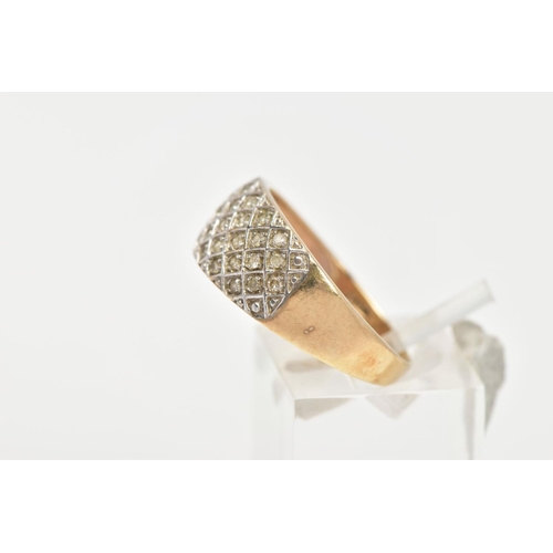 159 - A 9CT GOLD DIAMOND DRESS RING, white gold mount with a crossed pattern, pave set with thirty two rou... 