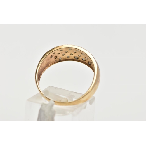 159 - A 9CT GOLD DIAMOND DRESS RING, white gold mount with a crossed pattern, pave set with thirty two rou... 