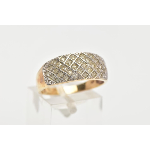 159 - A 9CT GOLD DIAMOND DRESS RING, white gold mount with a crossed pattern, pave set with thirty two rou... 