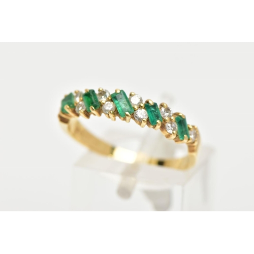 161 - AN 18CT GOLD EMERALD AND DIAMOND HALF ETERNITY RING, designed with a row of rectangular cut emeralds... 