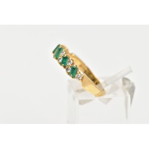 161 - AN 18CT GOLD EMERALD AND DIAMOND HALF ETERNITY RING, designed with a row of rectangular cut emeralds... 