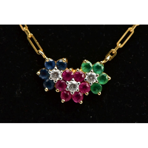 165 - A YELLOW METAL GEMSTONE PENDANT NECKLACE, the pendant in the form of three flowers, with rubies, sap... 