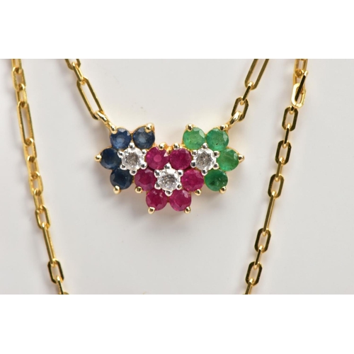 165 - A YELLOW METAL GEMSTONE PENDANT NECKLACE, the pendant in the form of three flowers, with rubies, sap... 