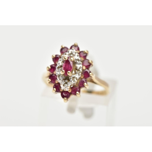 168 - A 9CT GOLD RUBY AND DIAMOND CLUSTER RING, slightly raised cluster of a navette form, set with a cent... 