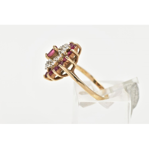 168 - A 9CT GOLD RUBY AND DIAMOND CLUSTER RING, slightly raised cluster of a navette form, set with a cent... 