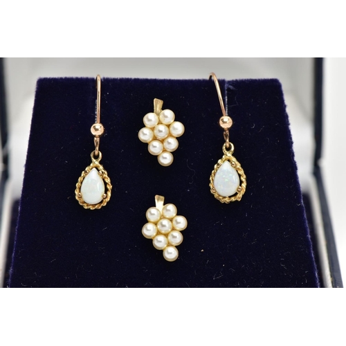 169 - A PAIR OF 9CT GOLD OPAL DROP EARRINGS AND ONE OTHER PAIR, each drop earring set with a tear drop opa... 