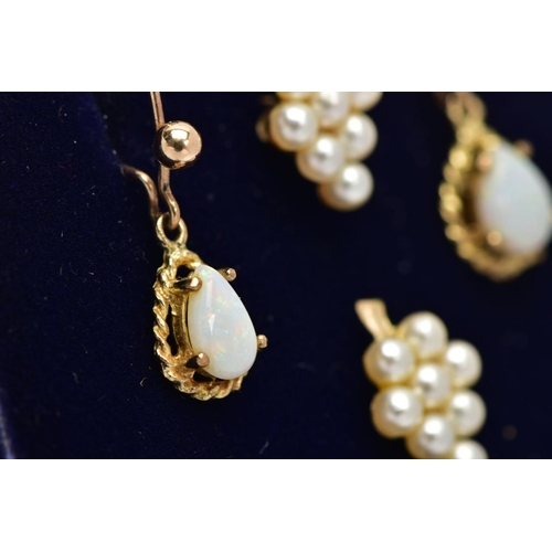 169 - A PAIR OF 9CT GOLD OPAL DROP EARRINGS AND ONE OTHER PAIR, each drop earring set with a tear drop opa... 