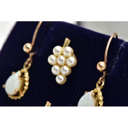 169 - A PAIR OF 9CT GOLD OPAL DROP EARRINGS AND ONE OTHER PAIR, each drop earring set with a tear drop opa... 