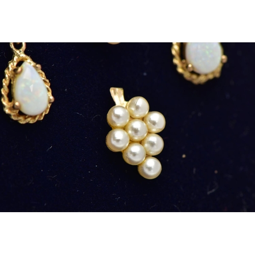 169 - A PAIR OF 9CT GOLD OPAL DROP EARRINGS AND ONE OTHER PAIR, each drop earring set with a tear drop opa... 