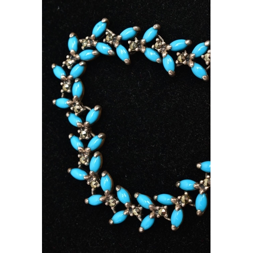 170 - A WHITE METAL AND MARCACITE NECKLACE, set with marquise cut blue cabochon and circular cut marcasite... 