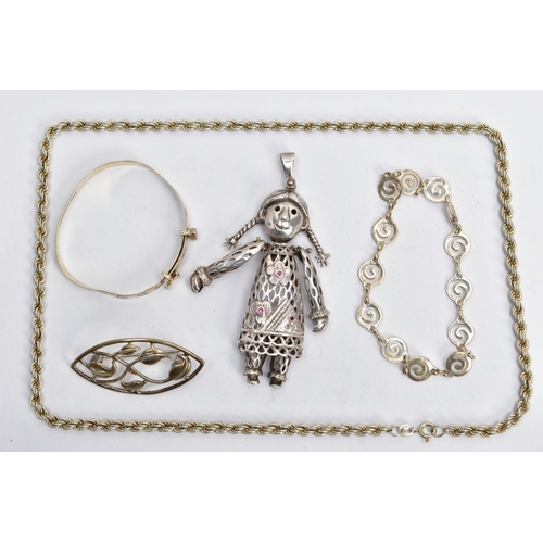 178 - AN ASSORTMENT OF SILVER AND WHITE METAL JEWELLERY,  to include a silver rag doll pendant, approximat... 