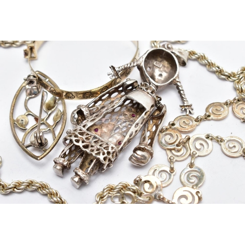 178 - AN ASSORTMENT OF SILVER AND WHITE METAL JEWELLERY,  to include a silver rag doll pendant, approximat... 