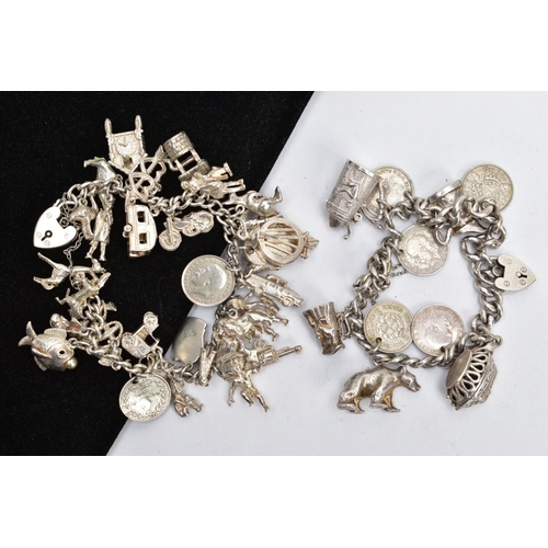 180 - TWO SILVER CHARM BRACELETS AND CHARMS, a curb link bracelet fitted with a heart padlock, hallmarked ... 