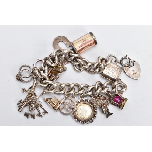 181 - A SILVER CHARM BRACELET AND CHARMS, a thick curb link bracelet, fitted with spring clasp and a heart... 