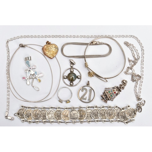 182 - AN ASSORTMENT WHITE METAL JEWELLERY, to include a mariner chain, approximate length 620mm, a clown p... 