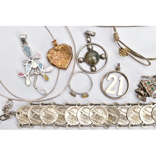 182 - AN ASSORTMENT WHITE METAL JEWELLERY, to include a mariner chain, approximate length 620mm, a clown p... 