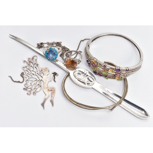 191 - A BAG OF ASSORTED ITEMS, to include a white metal hinged bangle, set with vary cut gemstones, stampe... 