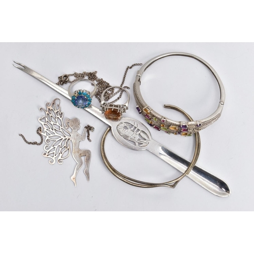 191 - A BAG OF ASSORTED ITEMS, to include a white metal hinged bangle, set with vary cut gemstones, stampe... 