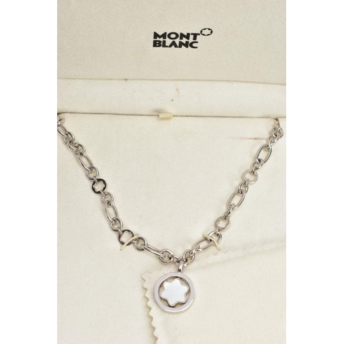 193 - A SILVER MONTBLANC CHAIN, fancy link chain, suspending a Montblanc swivel pendant, fitted with a lob... 