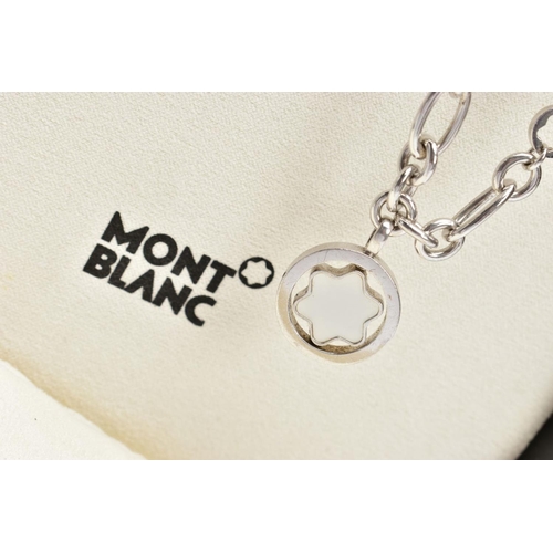 193 - A SILVER MONTBLANC CHAIN, fancy link chain, suspending a Montblanc swivel pendant, fitted with a lob... 