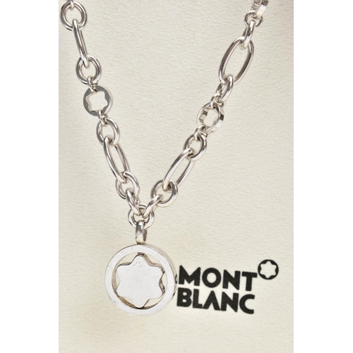 193 - A SILVER MONTBLANC CHAIN, fancy link chain, suspending a Montblanc swivel pendant, fitted with a lob... 