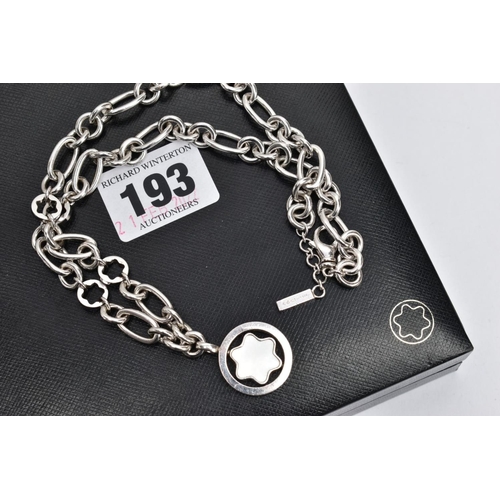 193 - A SILVER MONTBLANC CHAIN, fancy link chain, suspending a Montblanc swivel pendant, fitted with a lob... 