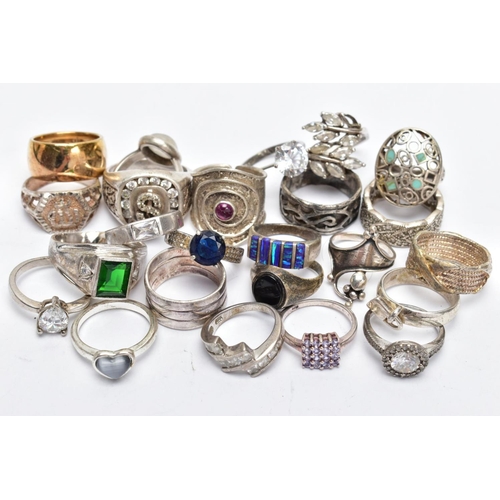 194 - AN ASSORTEMENT OF WHITE METAL RINGS, to include a large silver signet ring set with colourless stone... 