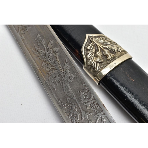 195 - A MODERN SCOTTISH PIPERS DIRK, nickel crown pommel set into a basket weave carved ebonised and brass... 