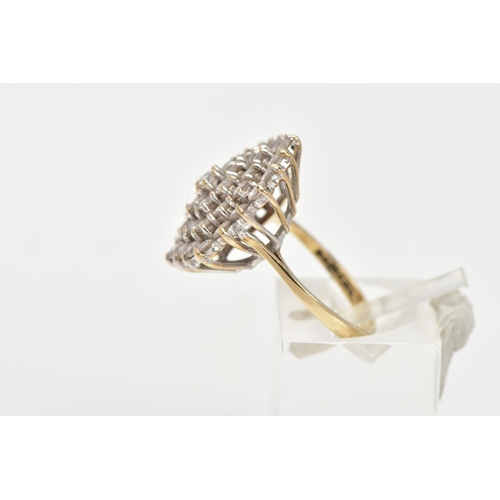 197 - A 9CT GOLD CUBIC ZIRCONIA CLUSTER RING, thirty seven circular cut cubic zirconia within a yellow met... 