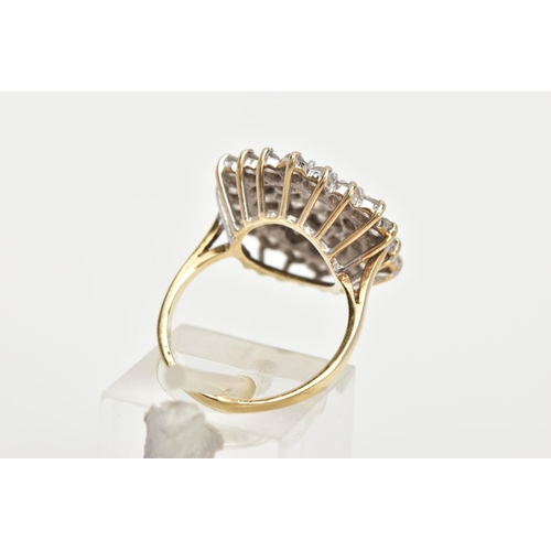 197 - A 9CT GOLD CUBIC ZIRCONIA CLUSTER RING, thirty seven circular cut cubic zirconia within a yellow met... 