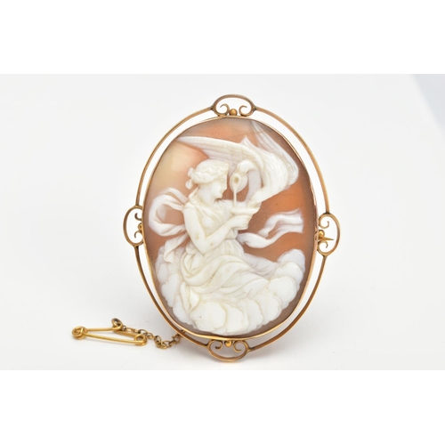 2 - A SHELL CAMEO BROOCH, an oval shell cameo depicting the Grecian goddess Hebe with an eagle, mounted ... 