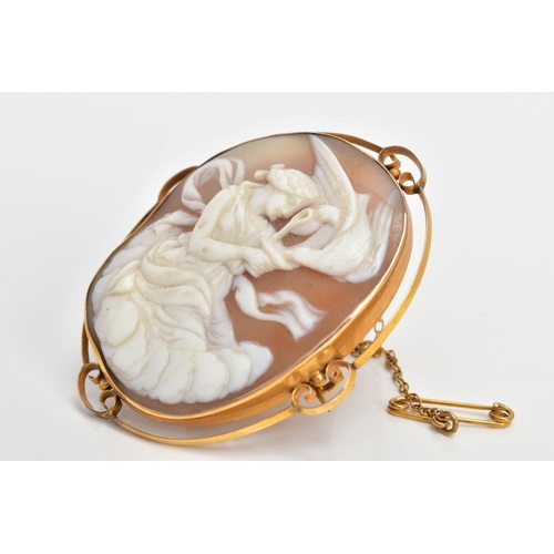 2 - A SHELL CAMEO BROOCH, an oval shell cameo depicting the Grecian goddess Hebe with an eagle, mounted ... 