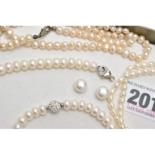 201 - FIVE PIECES OF CULTURED PEARL JEWELLERY, to include a three piece gift set comprising of a necklace,... 