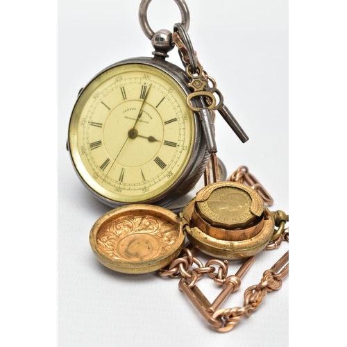 36 - A 9CT GOLD TROMBONE ALBERT CHAIN, SILVER POCKET WATCH AND COIN CASE, a rose gold trombone albert cha... 