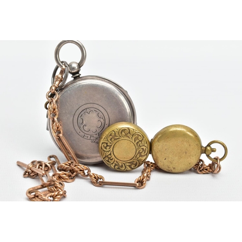 36 - A 9CT GOLD TROMBONE ALBERT CHAIN, SILVER POCKET WATCH AND COIN CASE, a rose gold trombone albert cha... 