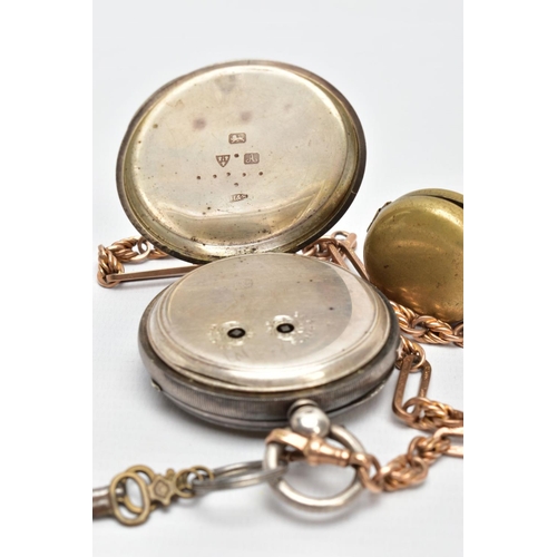 36 - A 9CT GOLD TROMBONE ALBERT CHAIN, SILVER POCKET WATCH AND COIN CASE, a rose gold trombone albert cha... 