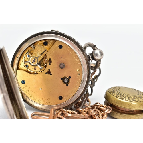 36 - A 9CT GOLD TROMBONE ALBERT CHAIN, SILVER POCKET WATCH AND COIN CASE, a rose gold trombone albert cha... 