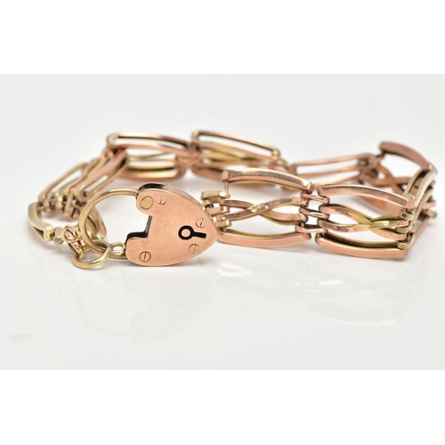 38 - A 9CT ROSE GOLD GATE BRACELET,  an AF fancy link rose gold gate bracelet, white solder marks apparen... 