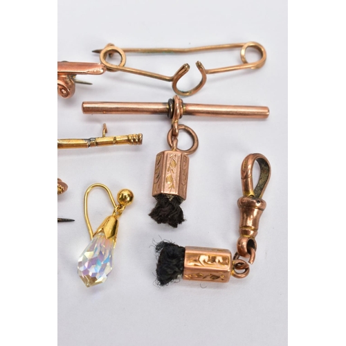 40 - AN ASSORTMENT OF 9CT GOLD AND YELLOW METAL JEWELLERY, to include a rose gold T-bar, hallmarked 9ct g... 