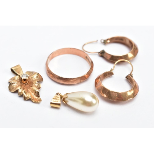 41 - AN ASSORTMENT OF 9CT GOLD AND YELLOW METAL JEWELLERY, to include a cultured teardrop shaped pearl pe... 